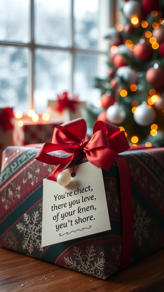 A wrapped Christmas gift with a quote tag in a cozy holiday setting.